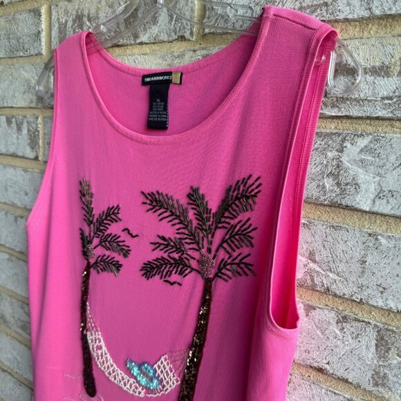 Sweaterworks Sleeveless Round Neck Tropical Embellished Tank Top Women's Size XL - Picture 5 of 7